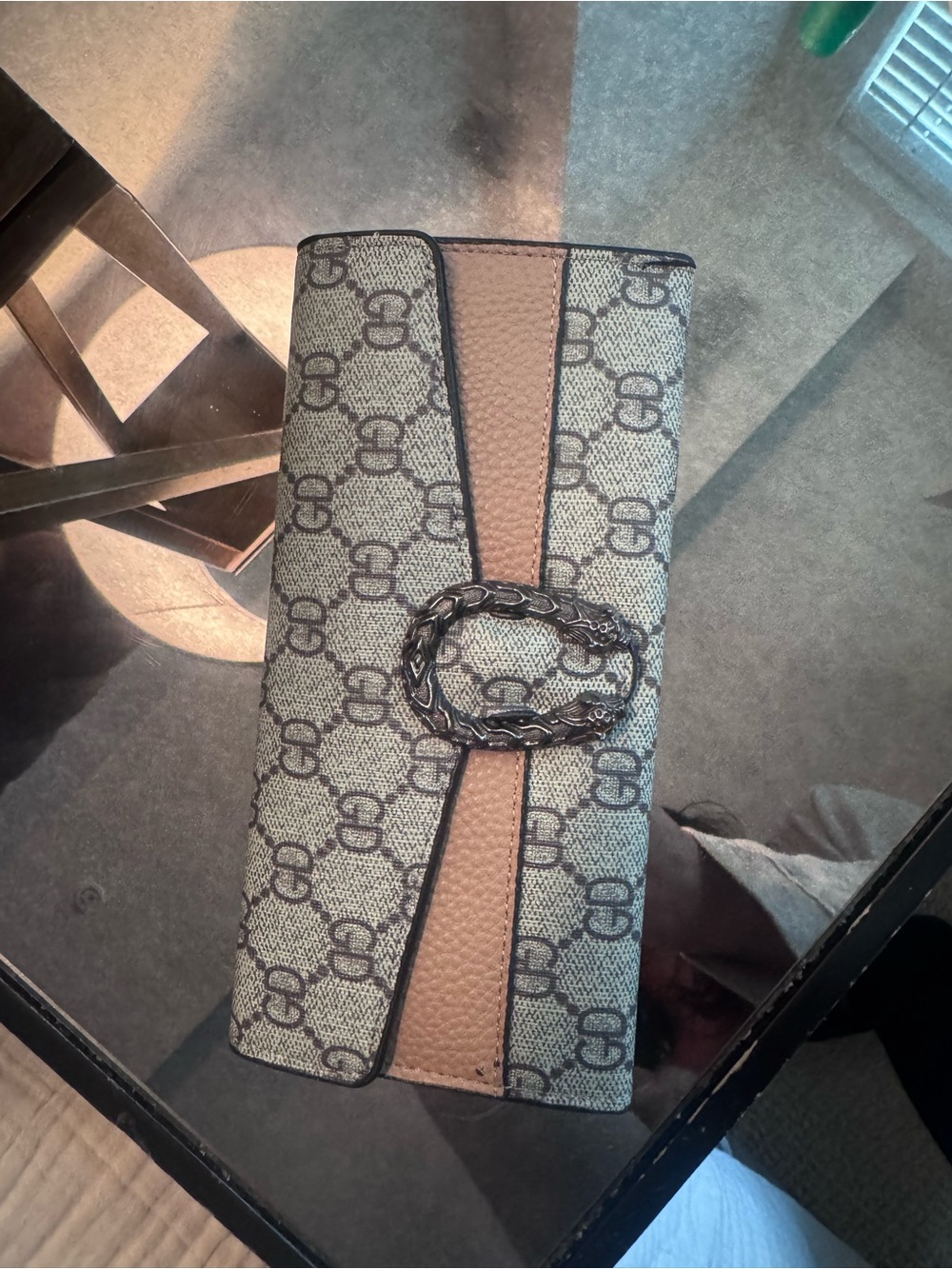 Beige and Brown Designer-Style Women's Wallet Clutch